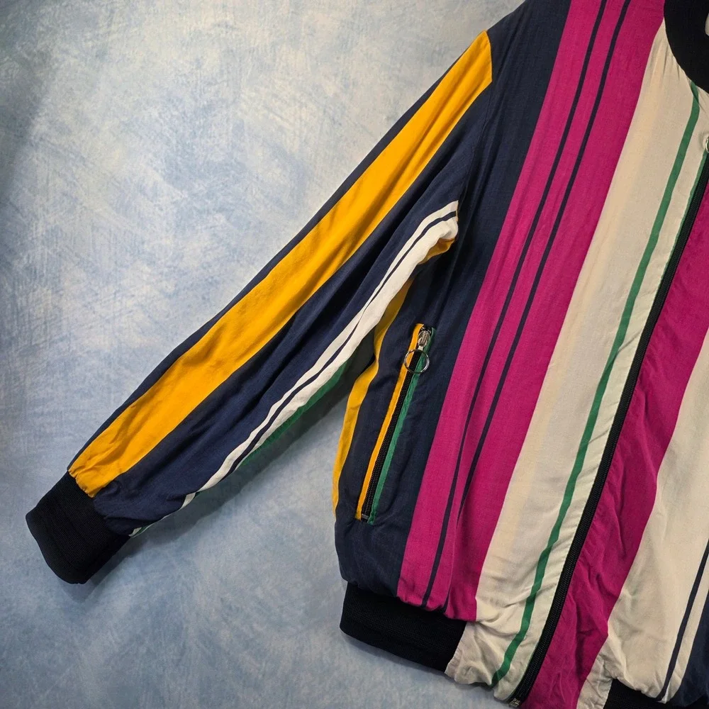 Zara Mens Vertical Stripe Bomber Jacket Navy Blue Magenta Yellow Size M Zip Up